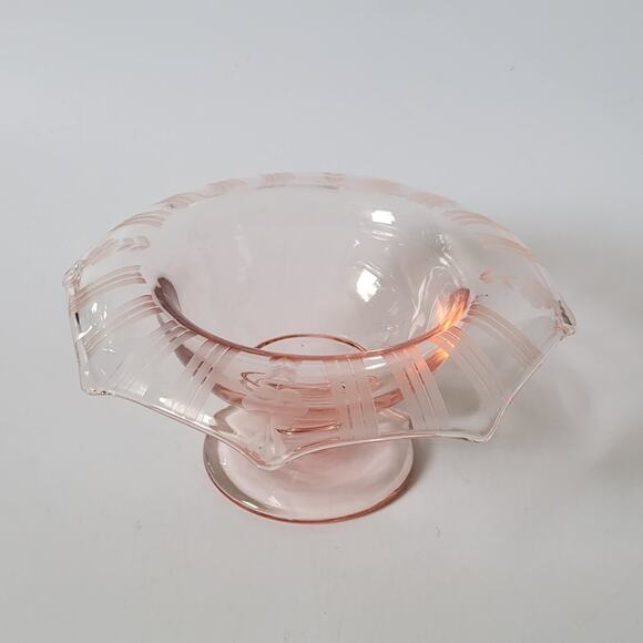 Vintage Pink Depression Glass Etched Rim Pedestal Compote Bowl - Picture 2 of 9